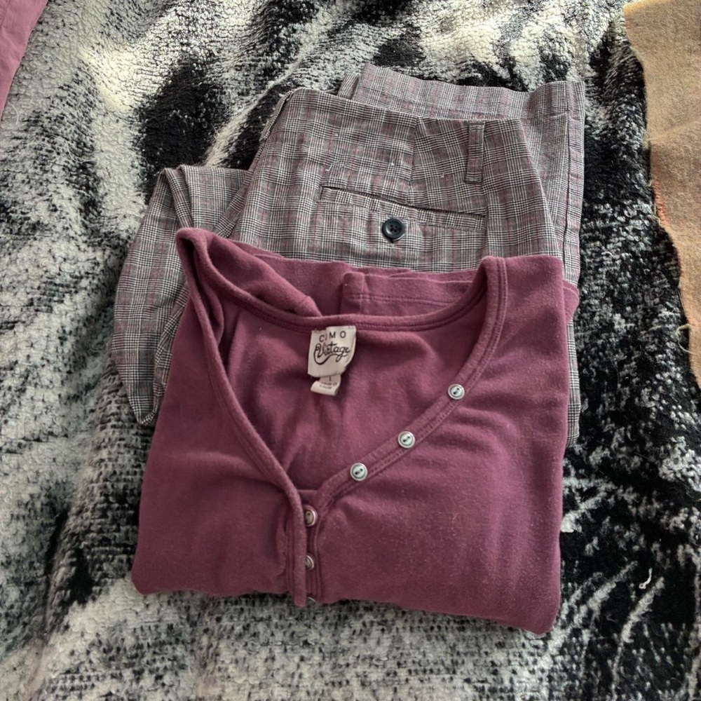 Matching blouse and plaid pants set, size large/size 10